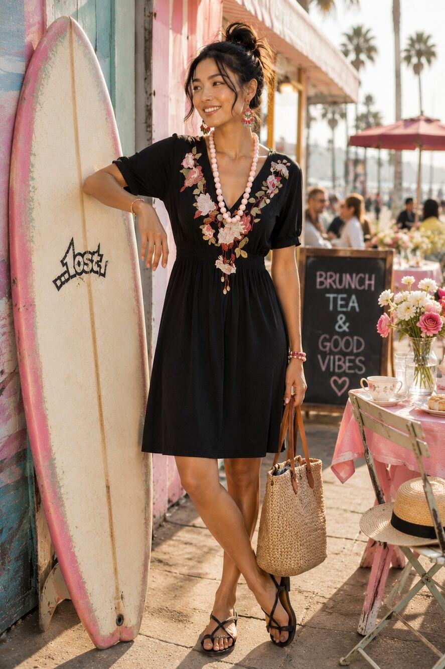 JW Los Angeles Black Floral Embroidered Butterfly Empire Waist Midi Dress M